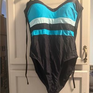 Black and Teal One-Piece Swimsuit - Classic Stripe Design